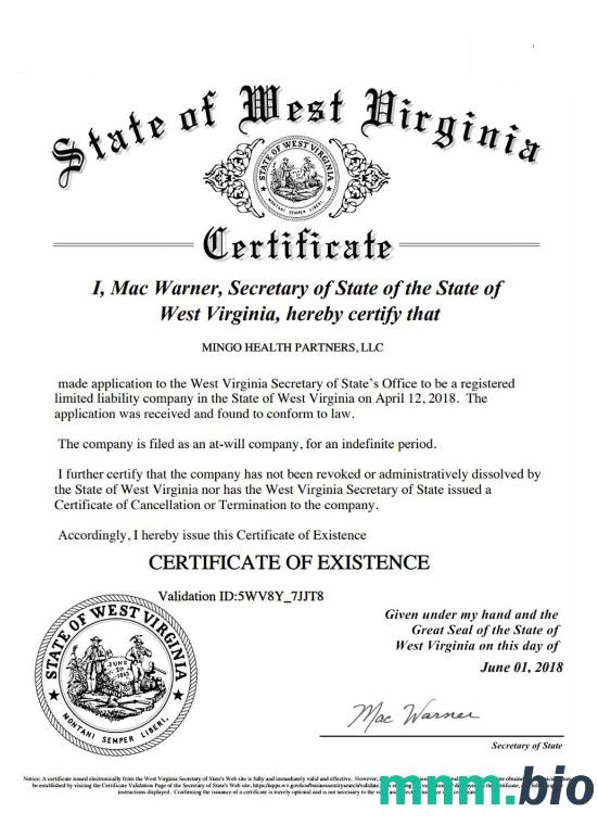 USA West Virginia vcertyfikat of good standing